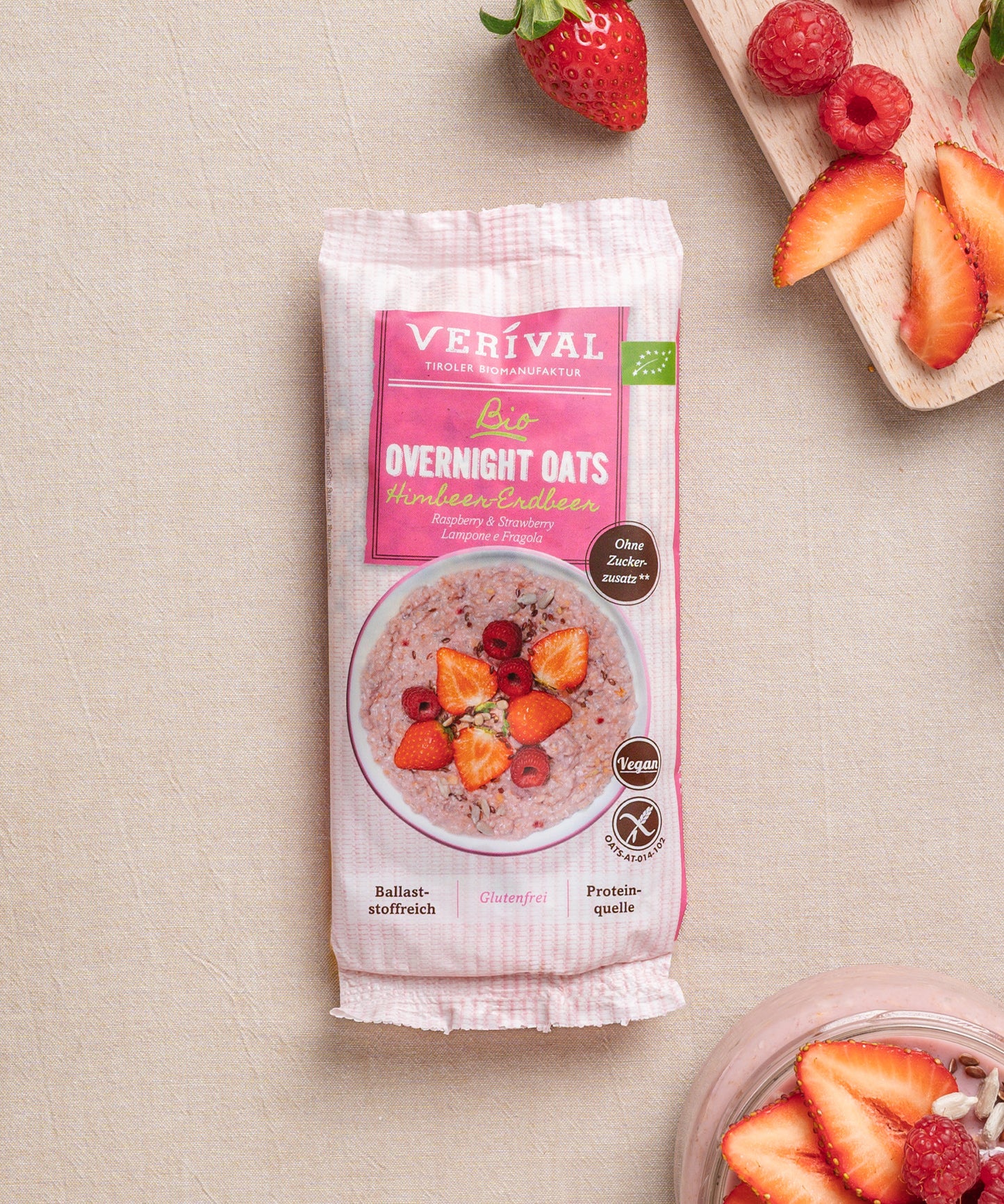 Die Protein-Probierbox Top 10 von Verival Bio enthält 10 verschiedene Einzelportionspackungen von proteinreichen Verival Frühstücksprodukten.