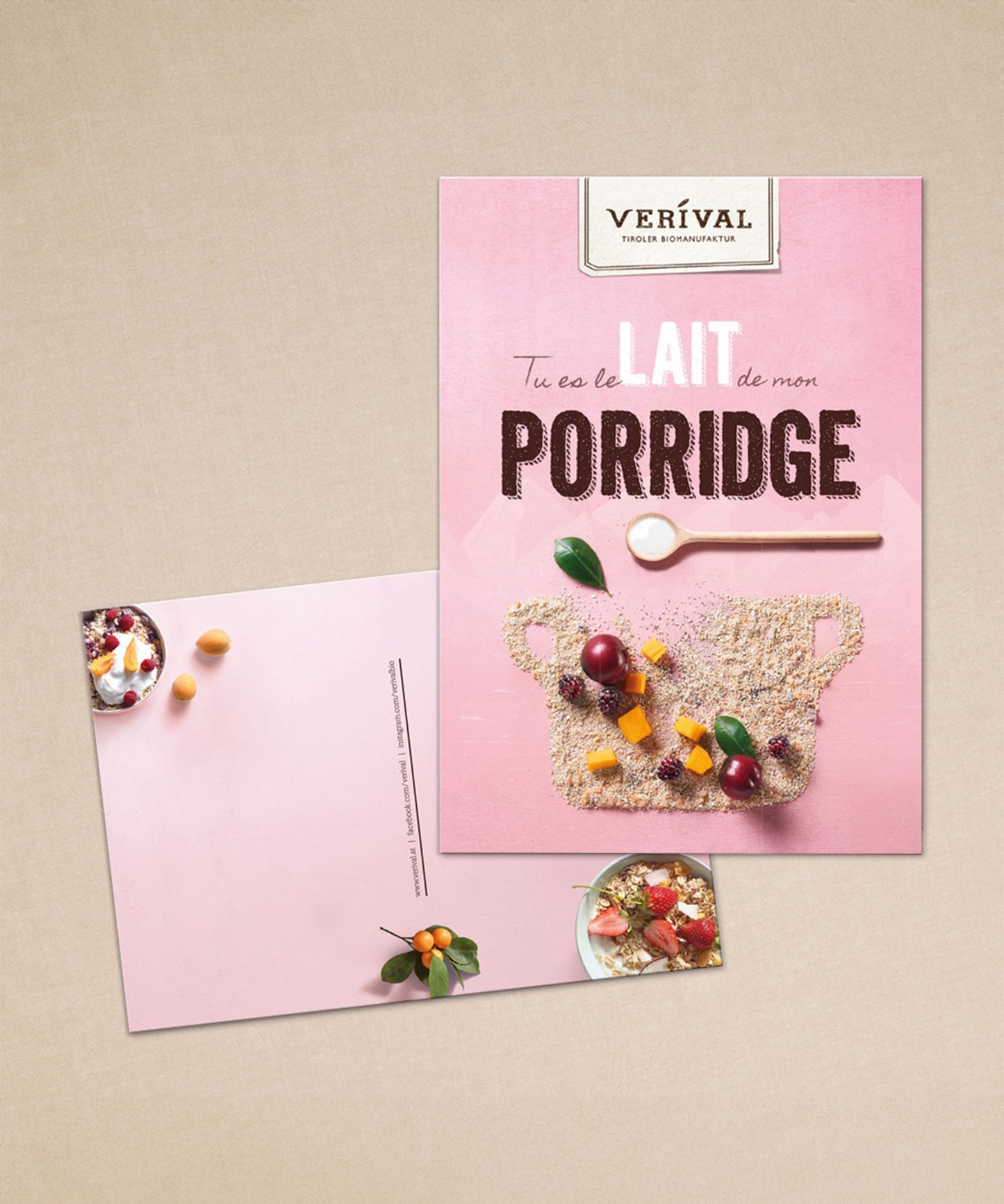 Zwei Postkarten der Verival Bio GmbH bestechen durch ein bezauberndes Porridge-Design.