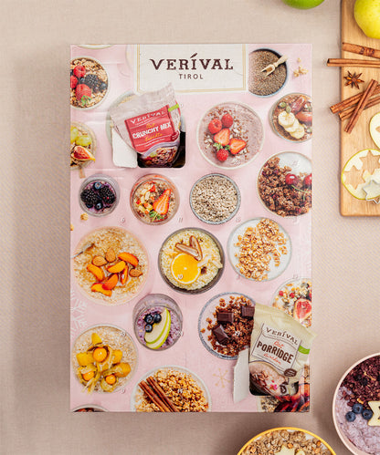 Die Verival Bio Adventskalender-Box Vegan präsentiert kreative Frühstücksschalen mit Früchten und Getreide – perfekt für ein Bio-Frühstück. 